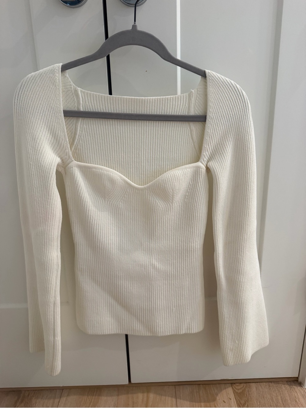 Pixie Market Cream Ribbed Sweetheart Neck Long-Sleeve Top